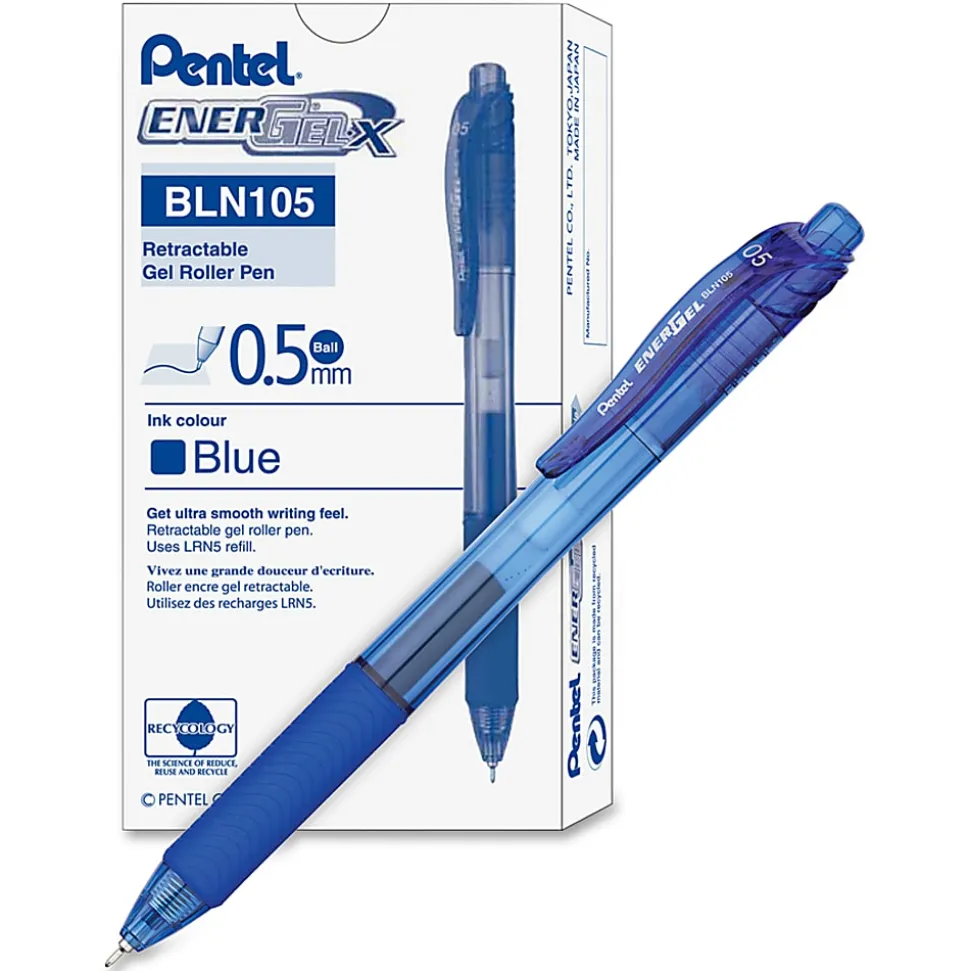 Pentel® EnerGel™ X Retractable Liquid Gel Pens, Fine Point, 0.5 mm, Blue Barrel, Blue Ink, Pack Of 12 Pens