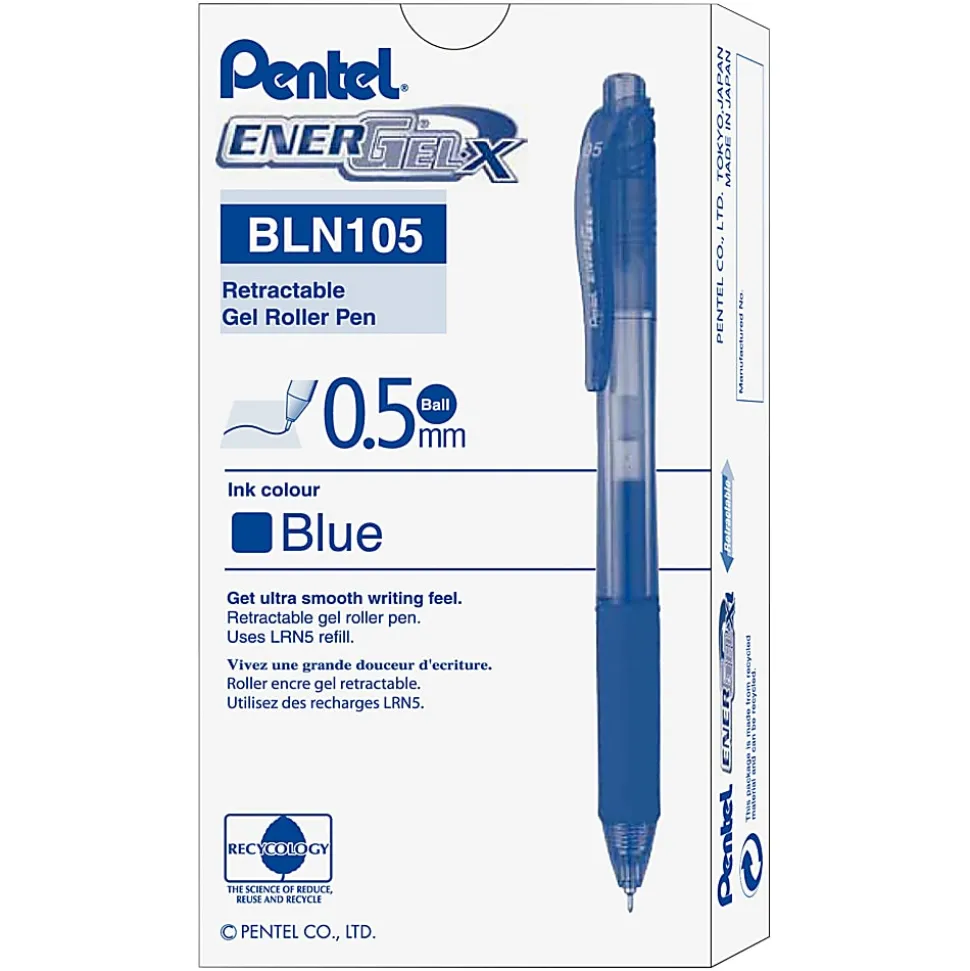 Pentel® EnerGel™ X Retractable Liquid Gel Pens, Fine Point, 0.5 mm, Blue Barrel, Blue Ink, Pack Of 12 Pens