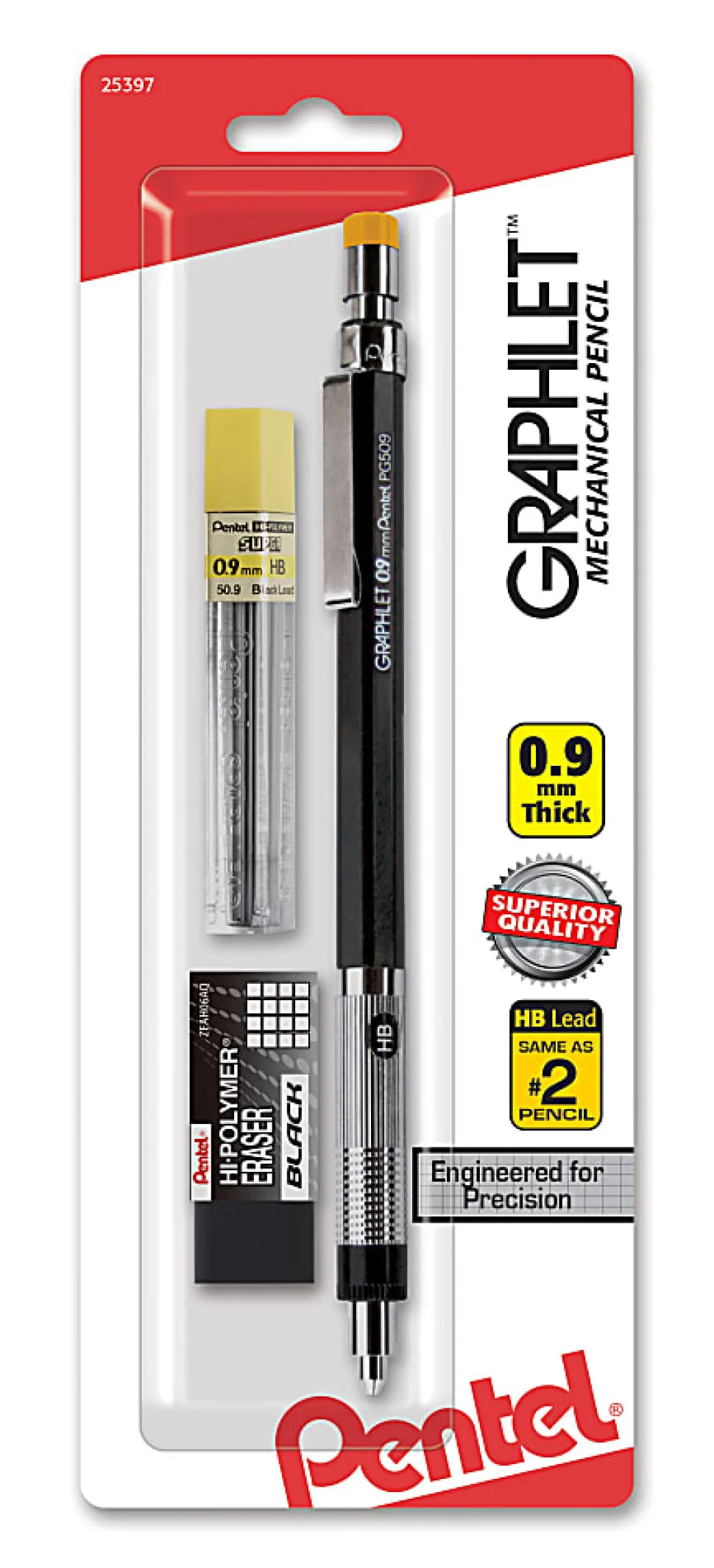 Pentel® Graphlet™ Mechanical Pencil with Lead and Eraser Set, 0.9mm, #2 Lead, Black Barrel