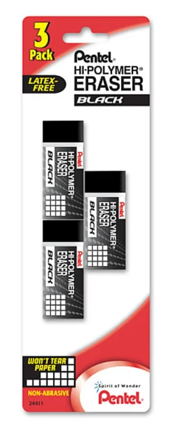 Pentel® Hi-Polymer® Block Erasers, Black, Pack Of 3