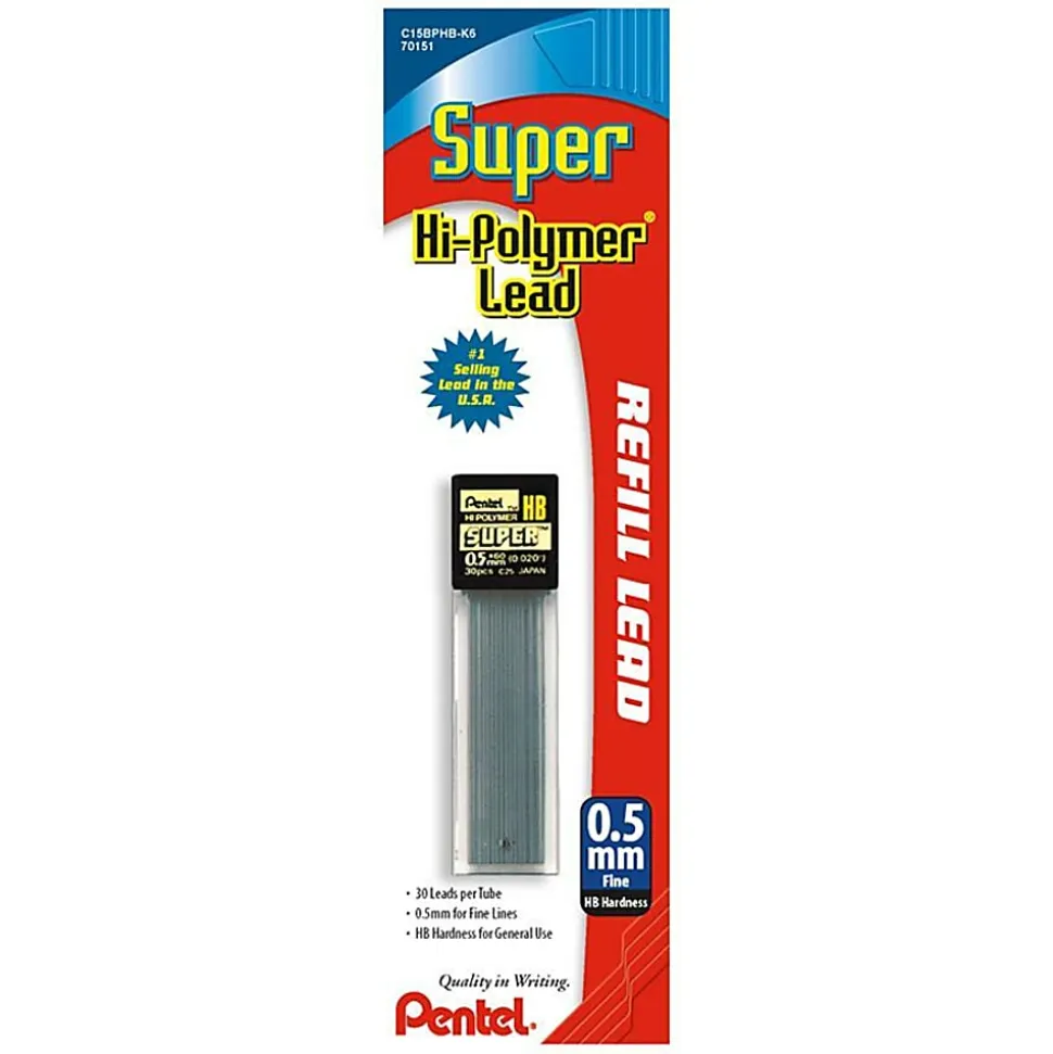Pentel® Hi-Polymer Lead Refills, 0.5 mm, HB Hardness, Tube Of 30 Refills
