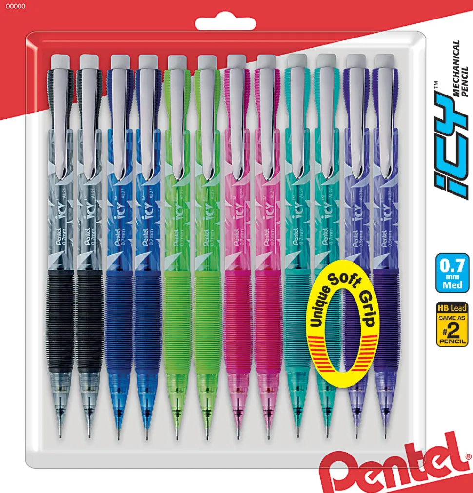Pentel® Icy™ Mechanical Pencils, 0.7mm, #2 Lead, Assorted Barrel Colors, Pack Of 12