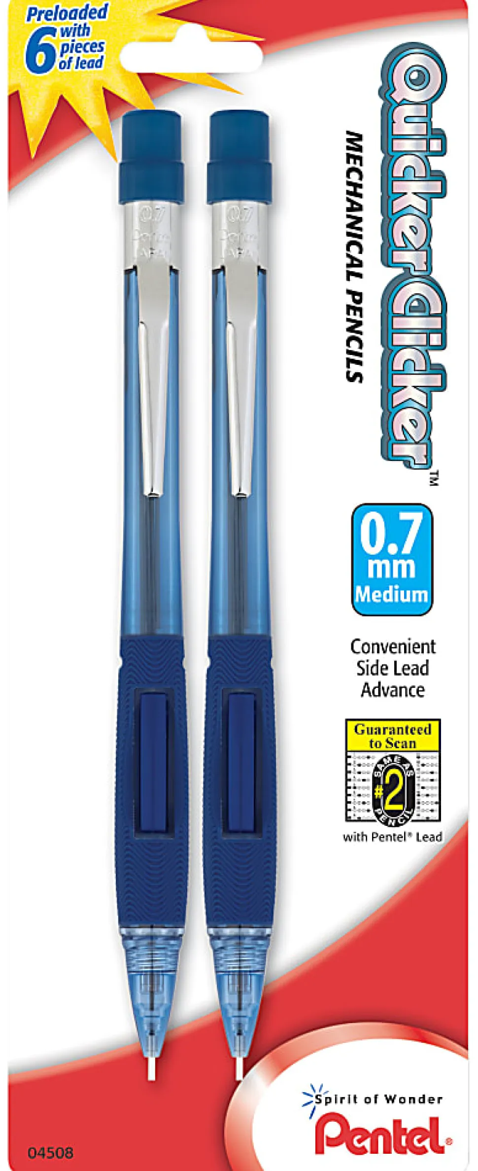 Pentel® Quicker Clicker™ Mechanical Pencil, 0.7mm, #2 Lead, Transparent Blue Barrel, Pack Of 2