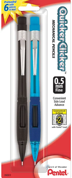 Pentel® Quicker Clicker™ Mechanical Pencil, 0.5mm, #2 Lead, Assorted Barrel, Pack Of 2