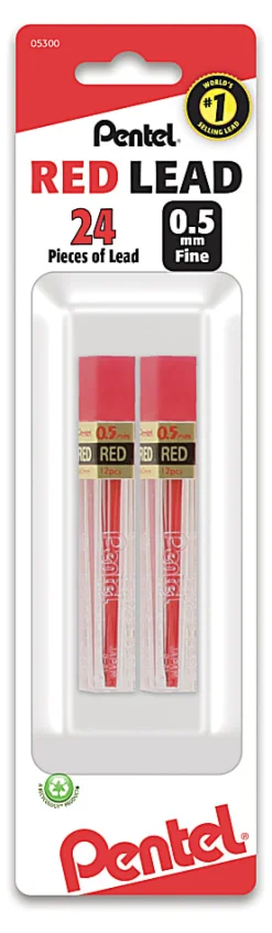 Pentel® Red Lead Refills, 0.5 mm, #2.5 Medium Soft Lead, Pack Of 2 Tubes
