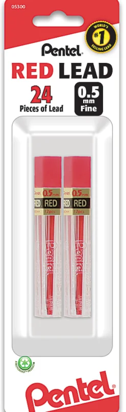 Pentel® Red Lead Refills, 0.5 mm, #2.5 Medium Soft Lead, Pack Of 2 Tubes