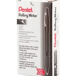 Pentel® Rolling Writer® Pens, Medium Point, 0.8 mm, Black Barrel, Black Ink, Pack Of 12 Pens