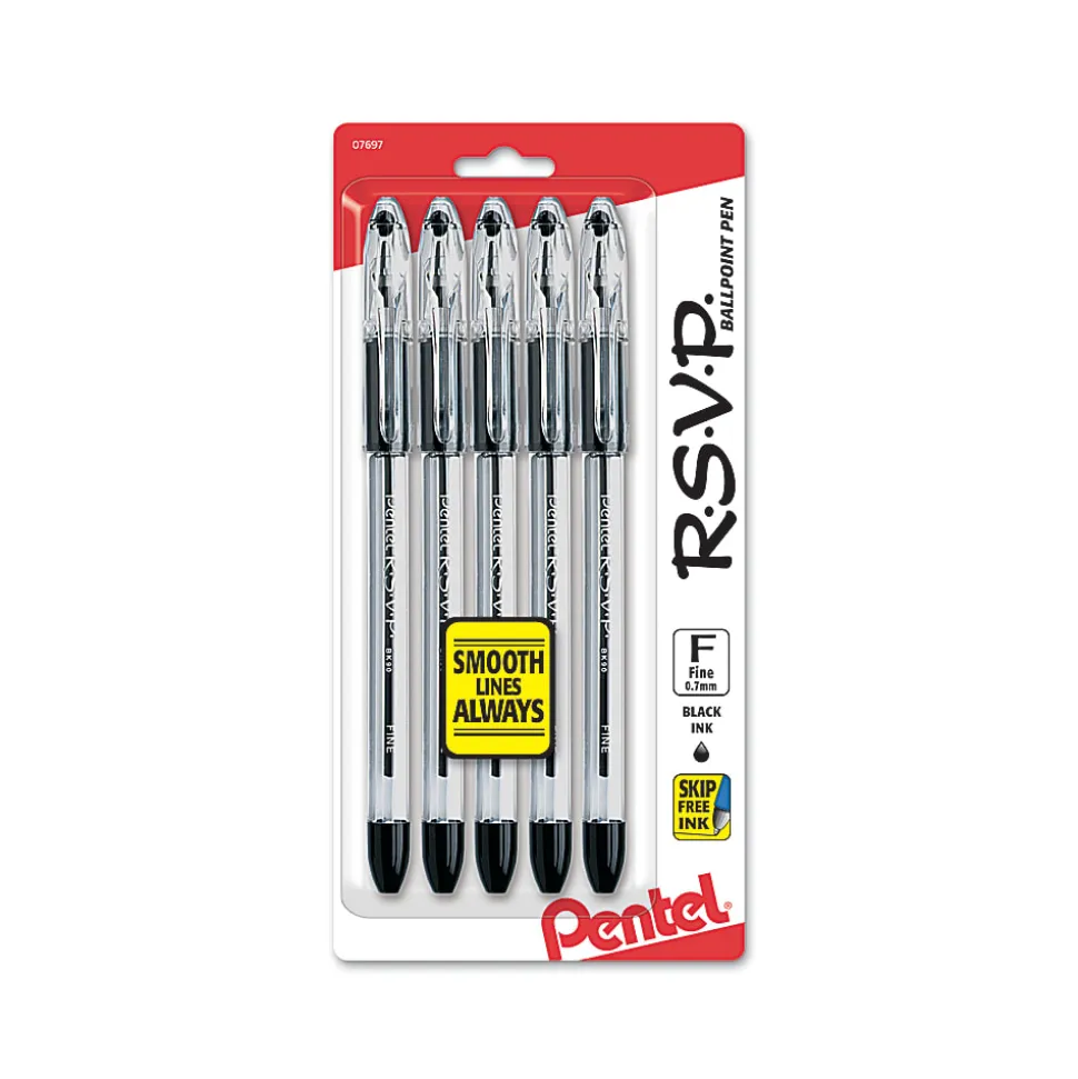 Pentel® R.S.V.P.® Ballpoint Pens, Fine Point, 0.7 mm, Clear Barrel, Black Ink, Pack Of 5