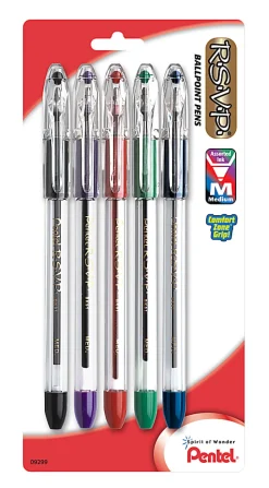 Pentel® R.S.V.P.® Ballpoint Pens, Fine Point, 0.7 mm, Clear Barrel, Assorted Ink Colors, Pack Of 5