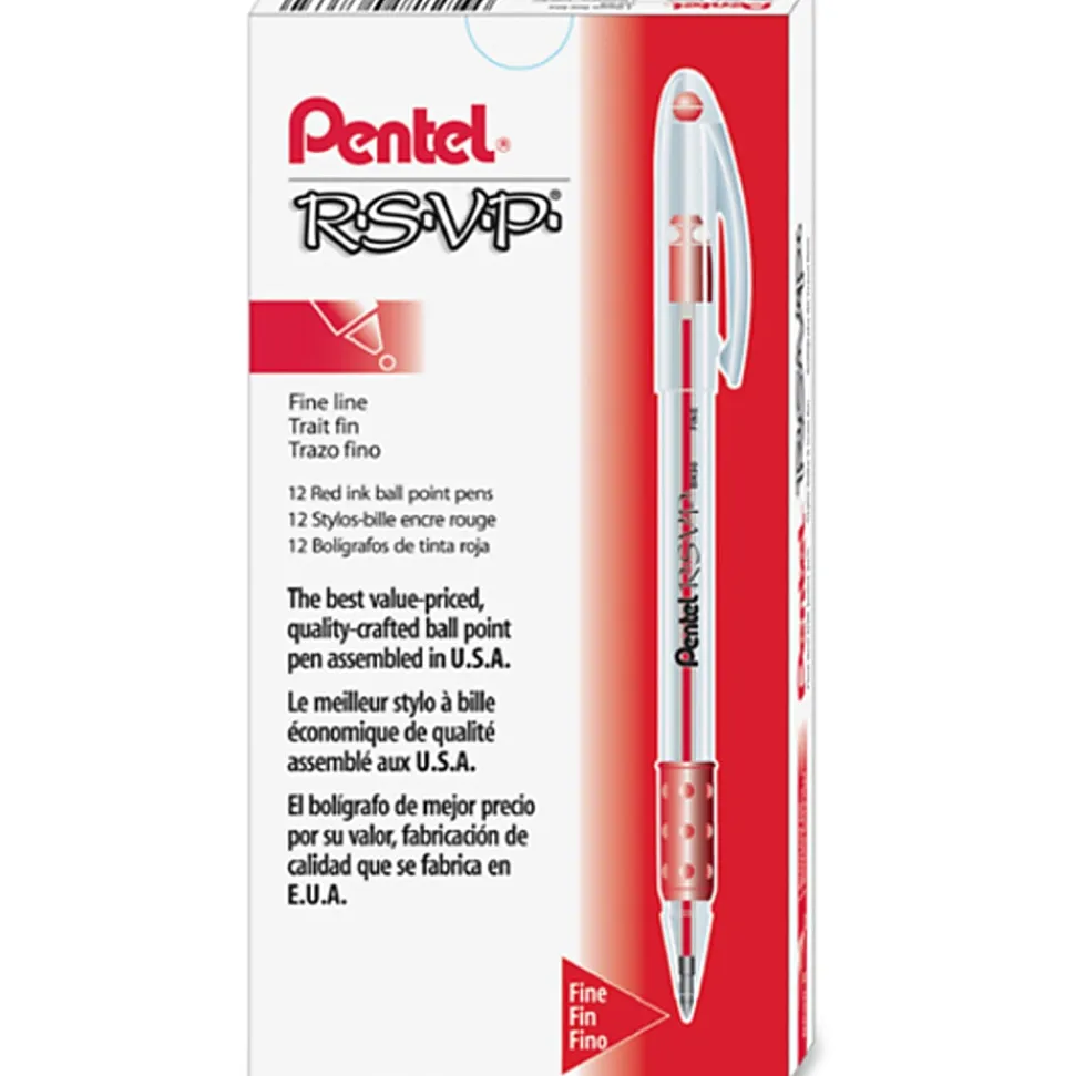 Pentel® R.S.V.P.® Ballpoint Pens, Fine Point, 0.7 mm, Clear Barrel, Red Ink, Pack Of 12