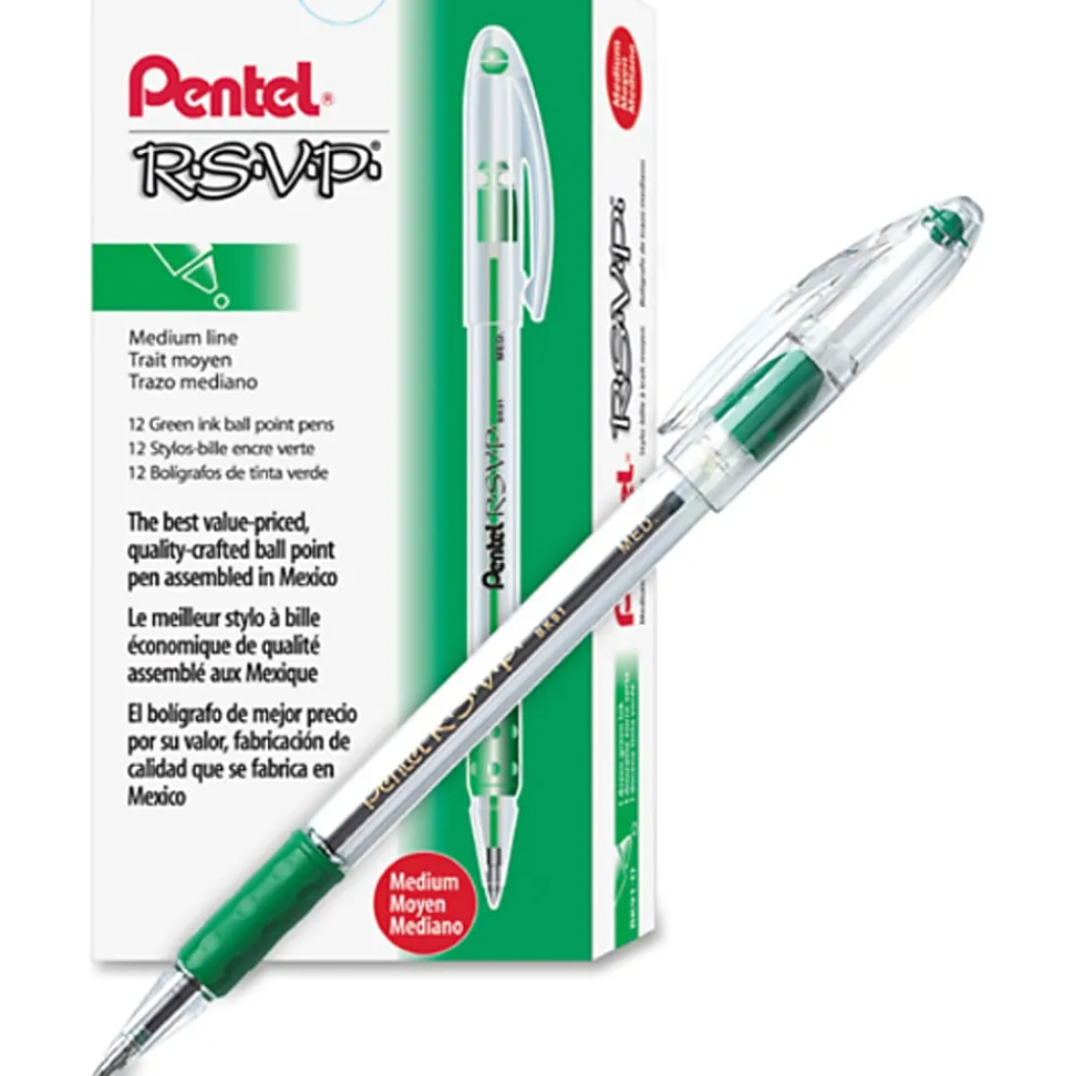 Pentel® R.S.V.P.® Ballpoint Pens, Medium Point, 1.0 mm, Clear Barrel, Green Ink, Pack Of 12