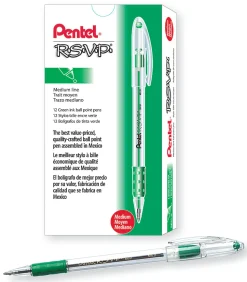Pentel® R.S.V.P.® Ballpoint Pens, Medium Point, 1.0 mm, Clear Barrel, Green Ink, Pack Of 12