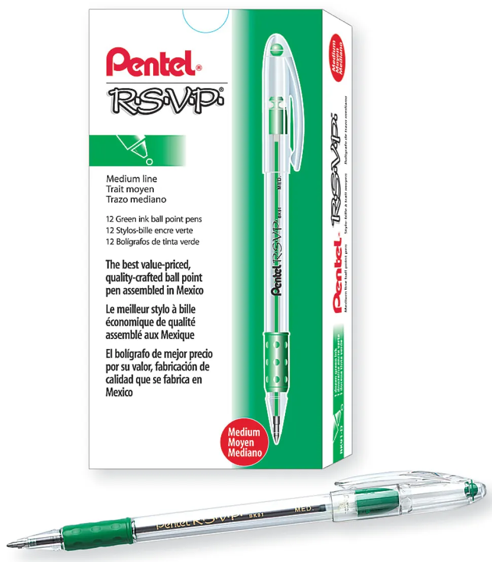 Pentel® R.S.V.P.® Ballpoint Pens, Medium Point, 1.0 mm, Clear Barrel, Green Ink, Pack Of 12