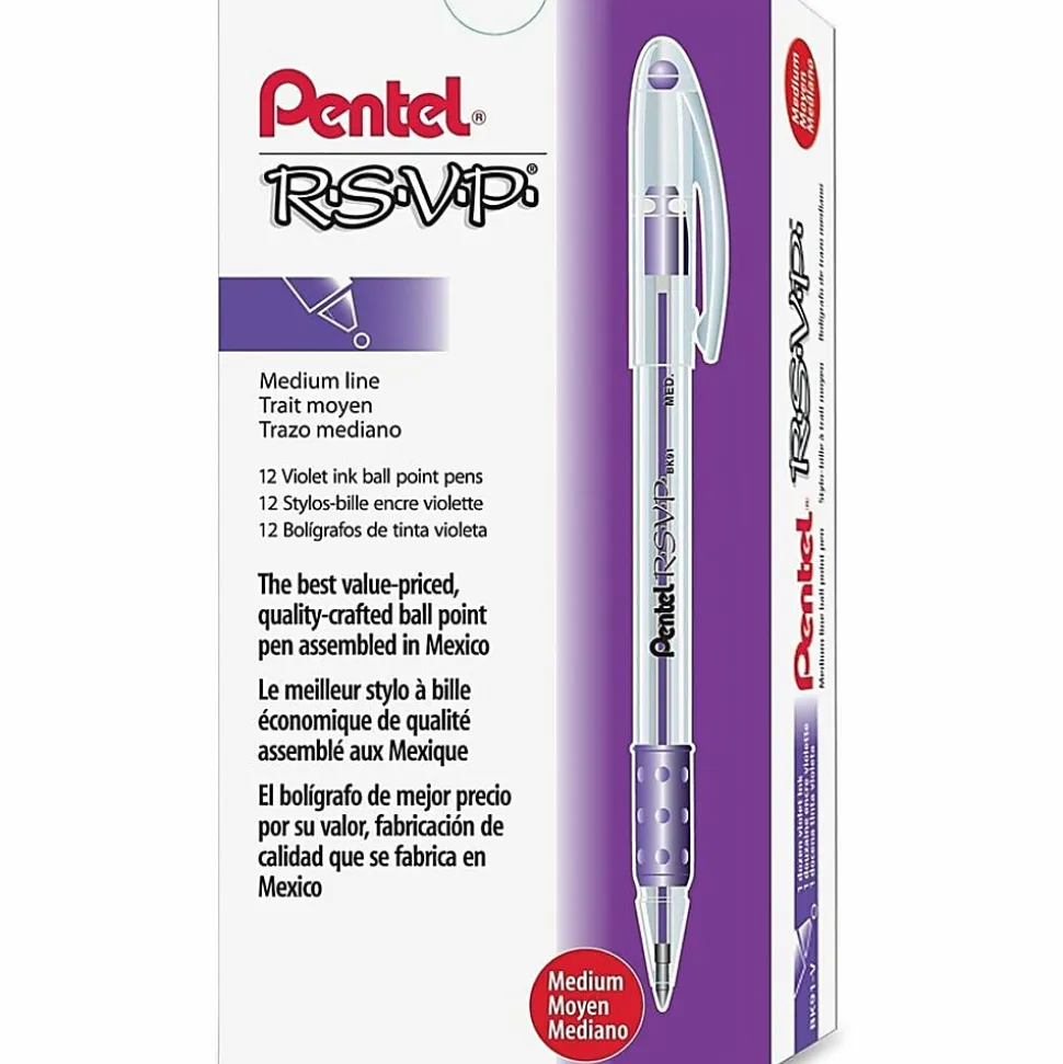 Pentel® R.S.V.P.® Ballpoint Pens, Medium Point, 1.0 mm, Clear Barrel, Violet Ink, Pack Of 12