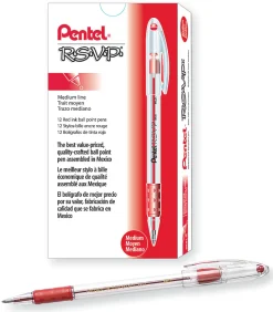 Pentel® R.S.V.P.® Ballpoint Pens, Medium Point, 1.0 mm, Clear Barrel, Red Ink, Pack Of 12