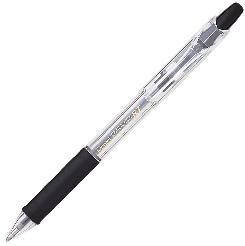 Pentel® R.S.V.P.® RT Retractable Ballpoint Pens, Medium Point, 1.0 mm, 61% Recycled, Transparent Black Barrel, Black Ink, Pack Of 12 Pens