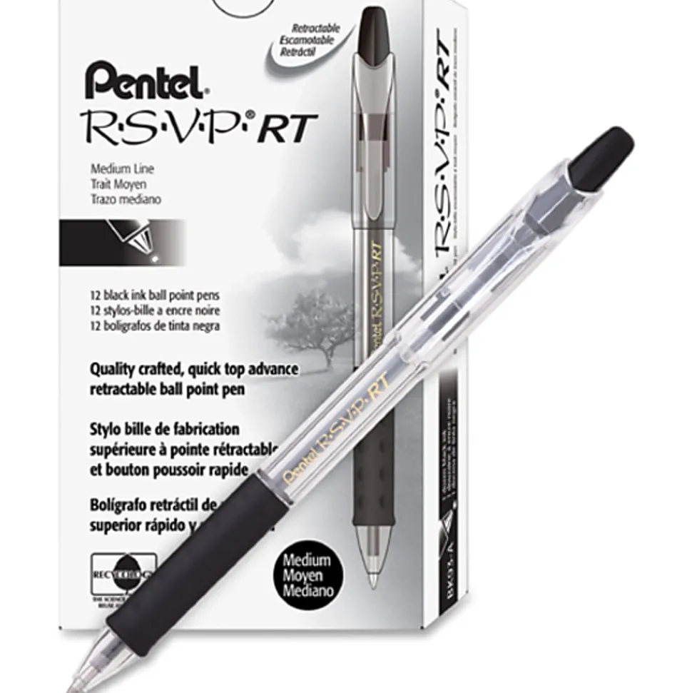 Pentel® R.S.V.P.® RT Retractable Ballpoint Pens, Medium Point, 1.0 mm, 61% Recycled, Transparent Black Barrel, Black Ink, Pack Of 12 Pens