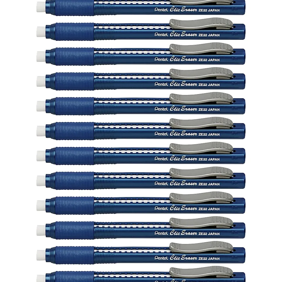 Pentel Rubber Grip Clic Eraser - Blue Barrel - Pen - Refillable - 12 / Box - Retractable, Latex-free Grip, Pocket Clip, Ghost Resistant, Non-abrasive