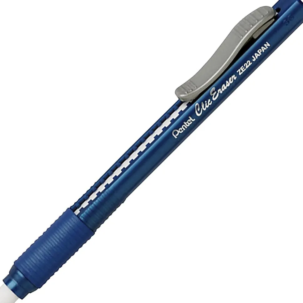 Pentel Rubber Grip Clic Eraser - Blue Barrel - Pen - Refillable - 12 / Box - Retractable, Latex-free Grip, Pocket Clip, Ghost Resistant, Non-abrasive
