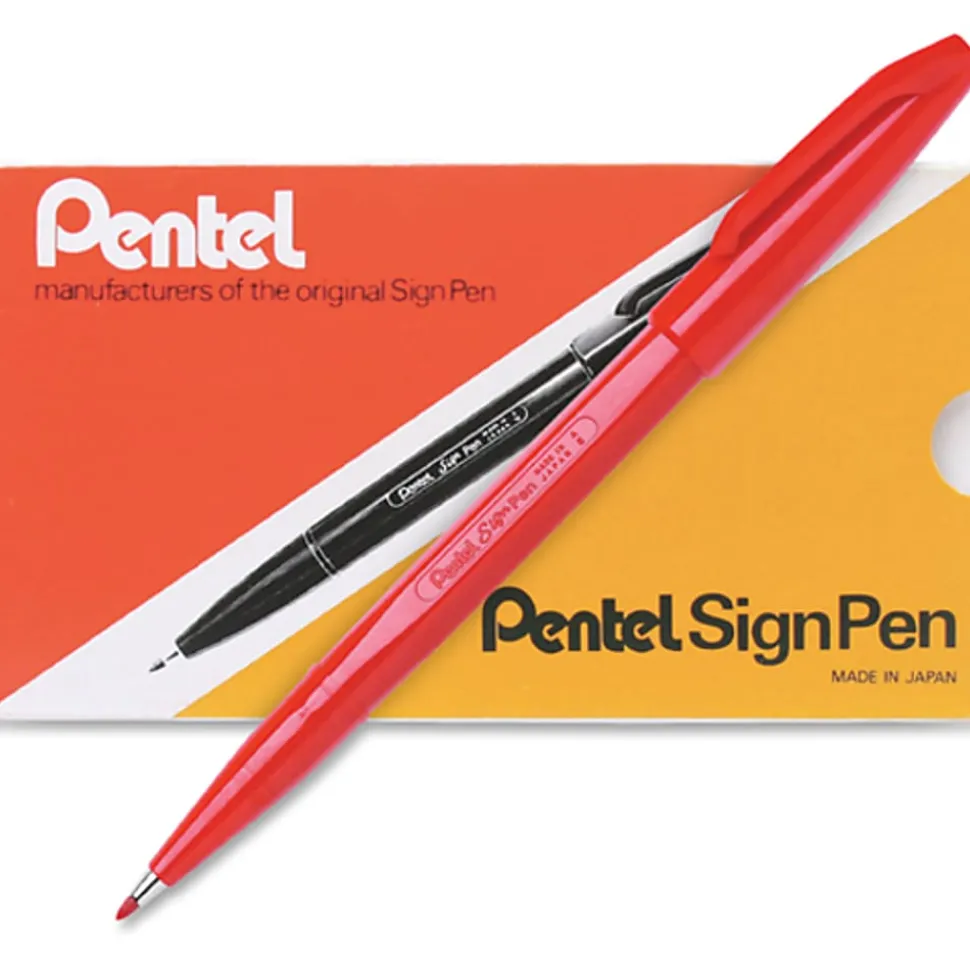 Pentel® Sign Pens®, Fine Point, 2.0 mm, Red Barrel, Red Ink, Pack Of 12 Pens
