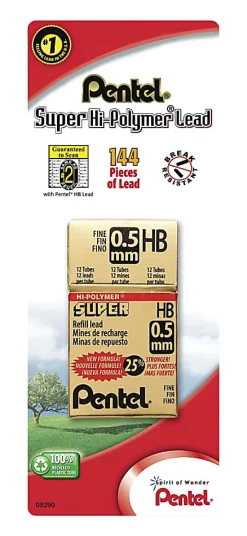 Pentel® Super Hi-Polymer Fine Line Lead Refills, 0.5 mm, HB Hardness, Pack Of 144