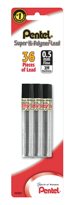 Pentel® Super Hi-Polymer Fine Line Lead Refills, 0.5 mm, 2H Hardness, Pack Of 36