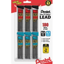 Pentel Super Hi-Polymer Lead Refills Value Pack, 3 Packs of  0.5 mm, 3 Packs of 0.7 mm Point, 30 Leads per Pack - 180 Total Quantity