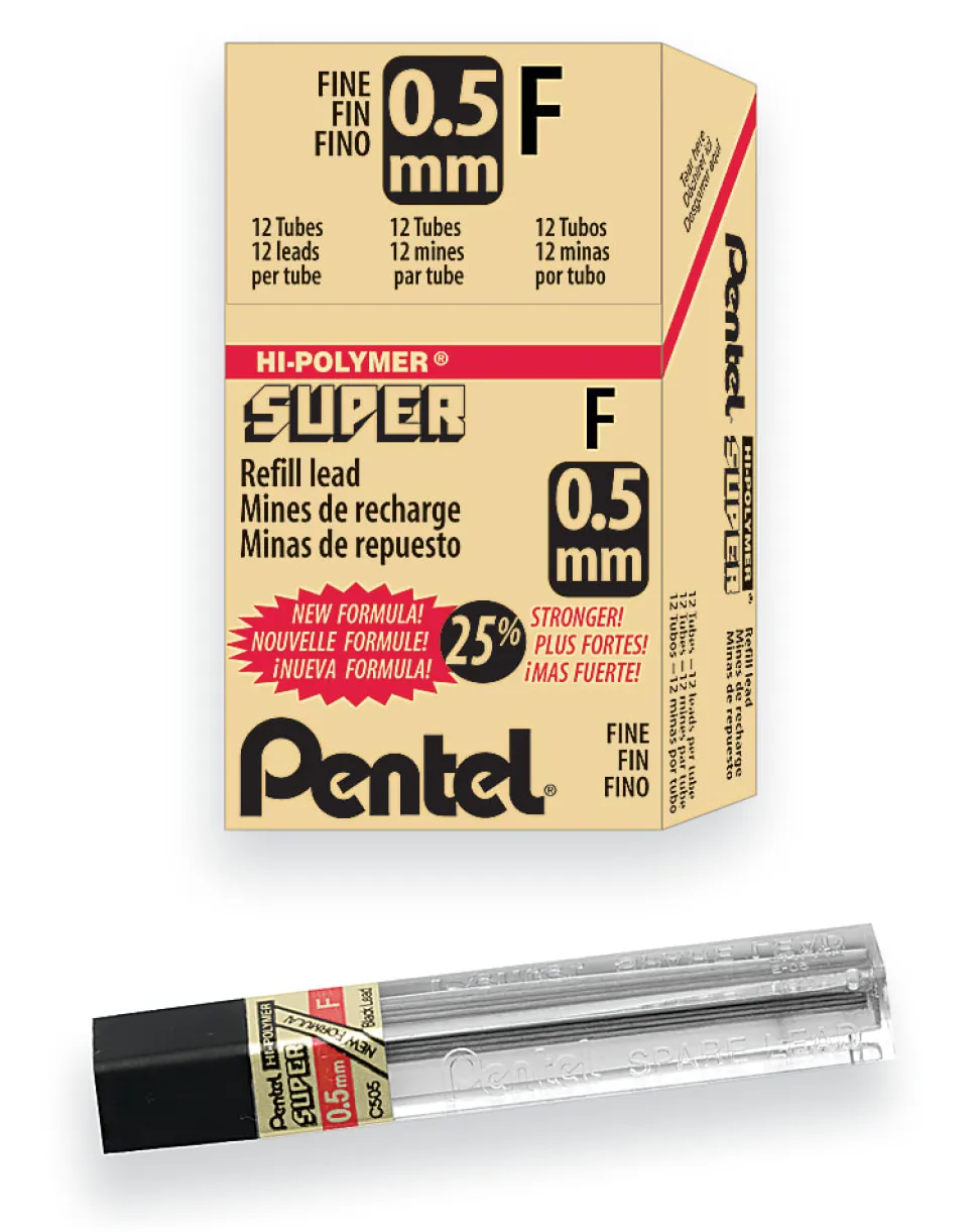 Pentel® Super Hi-Polymer® Leads, 0.5 mm, F, Medium, 12 Leads Per Tube