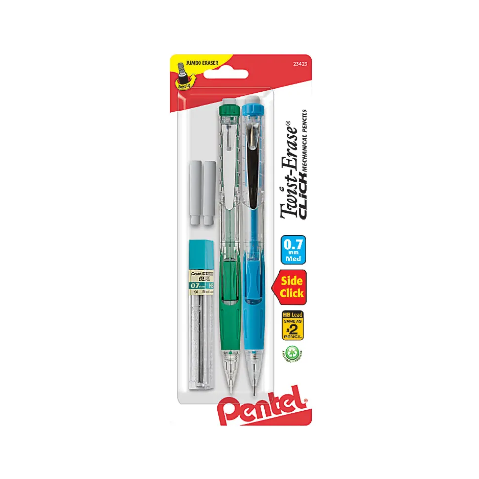Pentel® Twist-Erase® CLICK Mechanical Pencils, 0.7mm, Hi-Polymer HB Lead, 59% Recycled, Assorted Barrel Colors, Pack Of 2