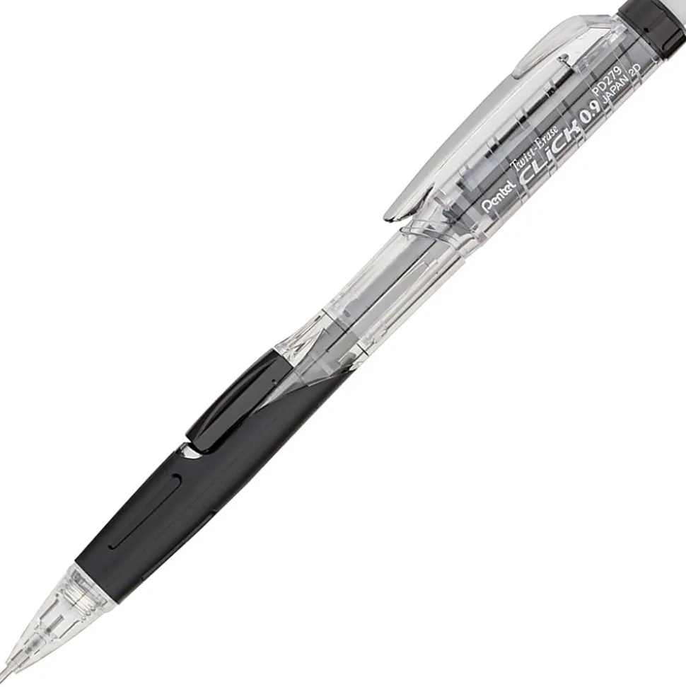 Pentel® Twist-Erase Click Mechanical Pencils, #2 HB Lead, Bold Point, 0.9 mm, Transparent Black Barrel, Box Of 12