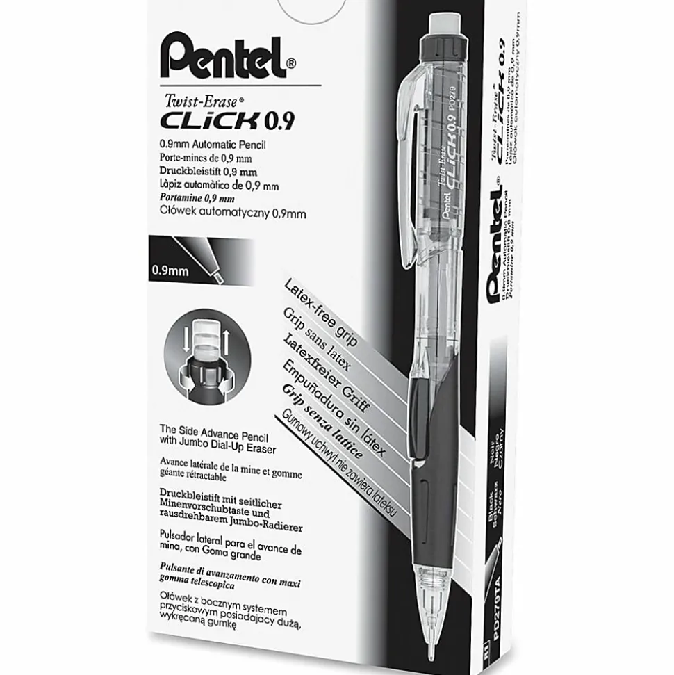 Pentel® Twist-Erase Click Mechanical Pencils, #2 HB Lead, Bold Point, 0.9 mm, Transparent Black Barrel, Box Of 12