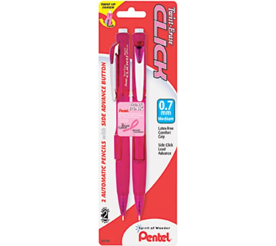 Pentel® Twist-Erase Pink Click Mechanical Pencils, #2 Lead, 0.7 mm, Refillable, Pink Barrel, Pack Of 2