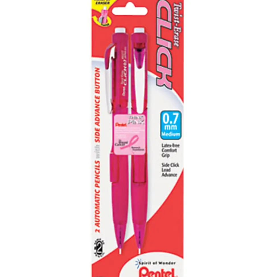 Pentel® Twist-Erase Pink Click Mechanical Pencils, #2 Lead, 0.7 mm, Refillable, Pink Barrel, Pack Of 2