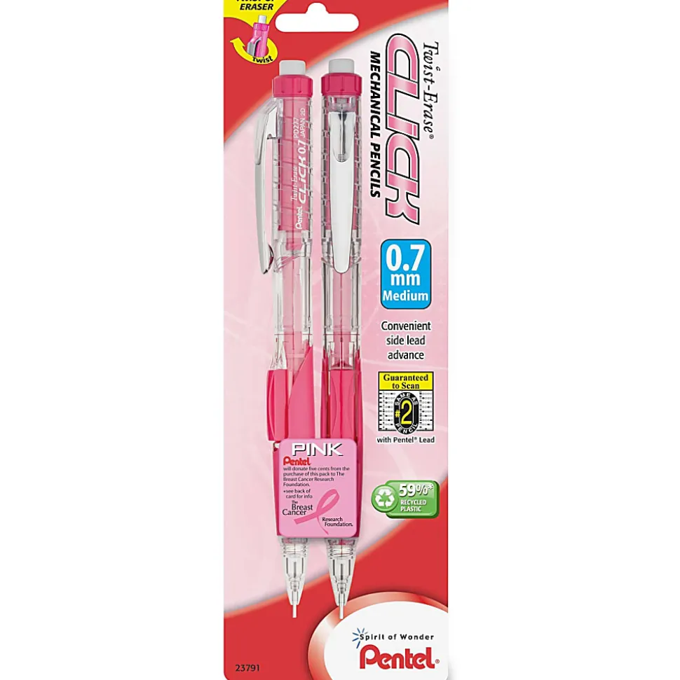 Pentel® Twist-Erase Pink Click Mechanical Pencils, #2 Lead, 0.7 mm, Refillable, Pink Barrel, Pack Of 2