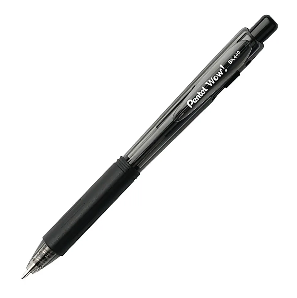 Pentel® WOW!™ Retractable Ballpoint Pens, Medium Point, 1.0 mm, Transparent Black Barrels, Black Ink, Pack Of 12