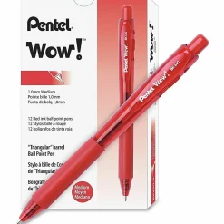 Pentel® WOW!™ Retractable Ballpoint Pens, Medium Point, 1.0 mm, Transparent Red Barrels, Red Ink, Pack Of 12