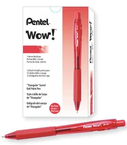 Pentel® WOW!™ Retractable Ballpoint Pens, Medium Point, 1.0 mm, Transparent Red Barrels, Red Ink, Pack Of 12