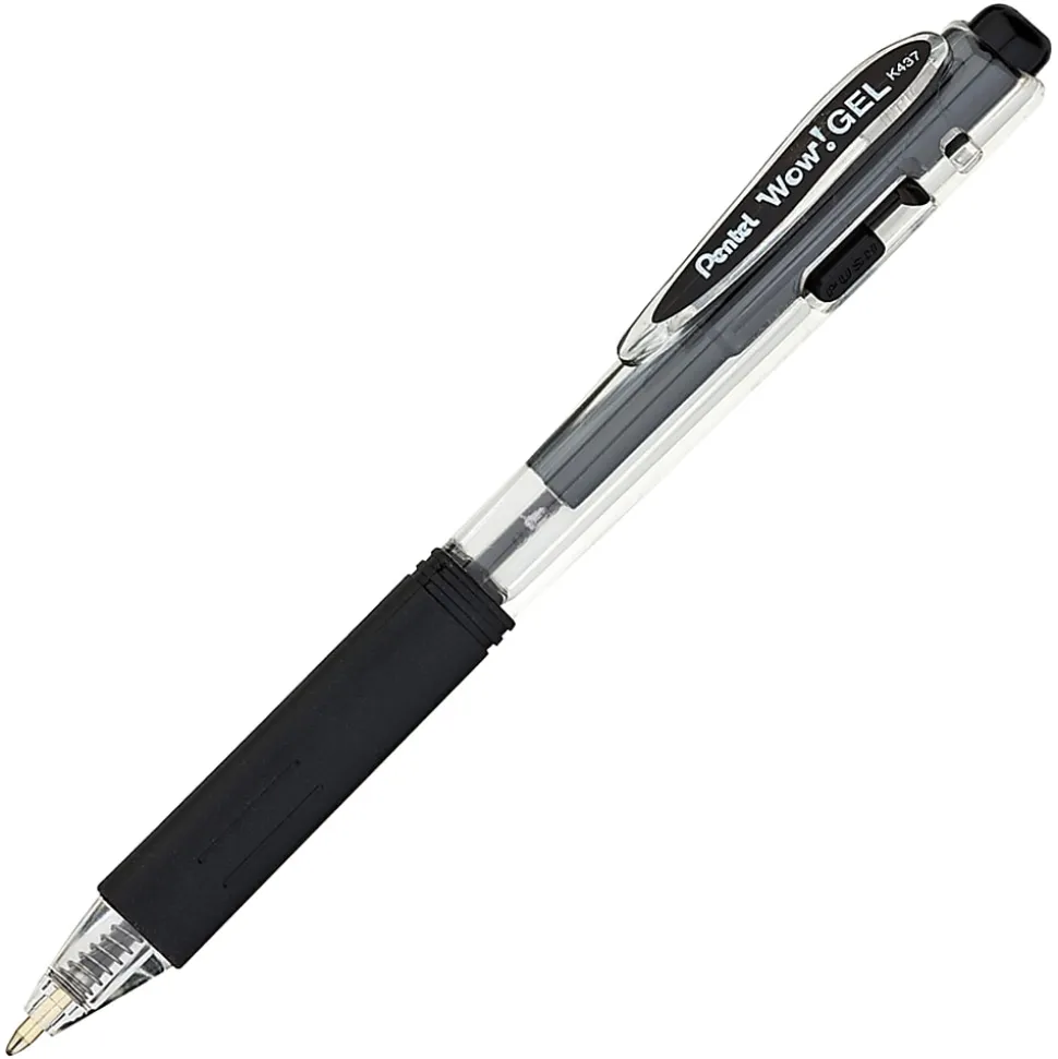 Pentel® Wow!™ Retractable Gel Roller Pens, Medium Point, 0.7 mm, Clear Barrel, Black Ink, Pack Of 12