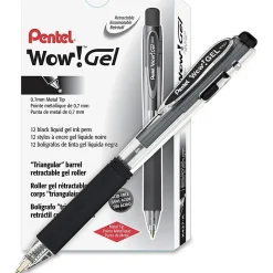 Pentel® Wow!™ Retractable Gel Roller Pens, Medium Point, 0.7 mm, Clear Barrel, Black Ink, Pack Of 12