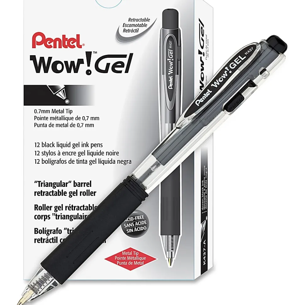 Pentel® Wow!™ Retractable Gel Roller Pens, Medium Point, 0.7 mm, Clear Barrel, Black Ink, Pack Of 12
