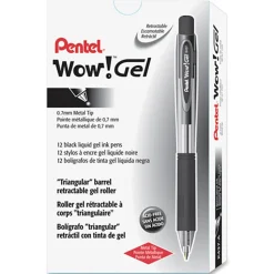 Pentel® Wow!™ Retractable Gel Roller Pens, Medium Point, 0.7 mm, Clear Barrel, Black Ink, Pack Of 12