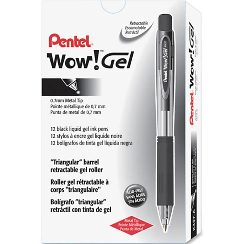 Pentel® Wow!™ Retractable Gel Roller Pens, Medium Point, 0.7 mm, Clear Barrel, Black Ink, Pack Of 12