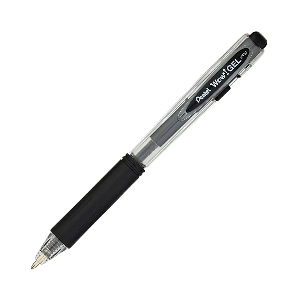 Pentel® Wow!™ Retractable Gel Roller Pens, Medium Point, 0.7 mm, Clear Barrel, Black Ink, Pack Of 12