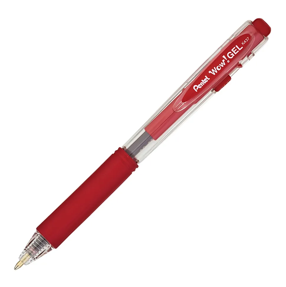Pentel® Wow!™ Retractable Gel Roller Pens, Medium Point, 0.7 mm, Clear Barrel, Red Ink, Pack Of 12