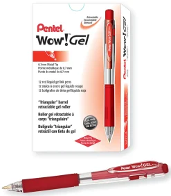 Pentel® Wow!™ Retractable Gel Roller Pens, Medium Point, 0.7 mm, Clear Barrel, Red Ink, Pack Of 12