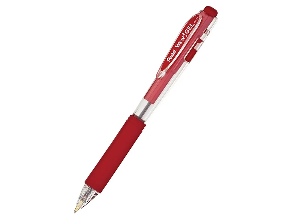 Pentel® Wow!™ Retractable Gel Roller Pens, Medium Point, 0.7 mm, Clear Barrel, Red Ink, Pack Of 12