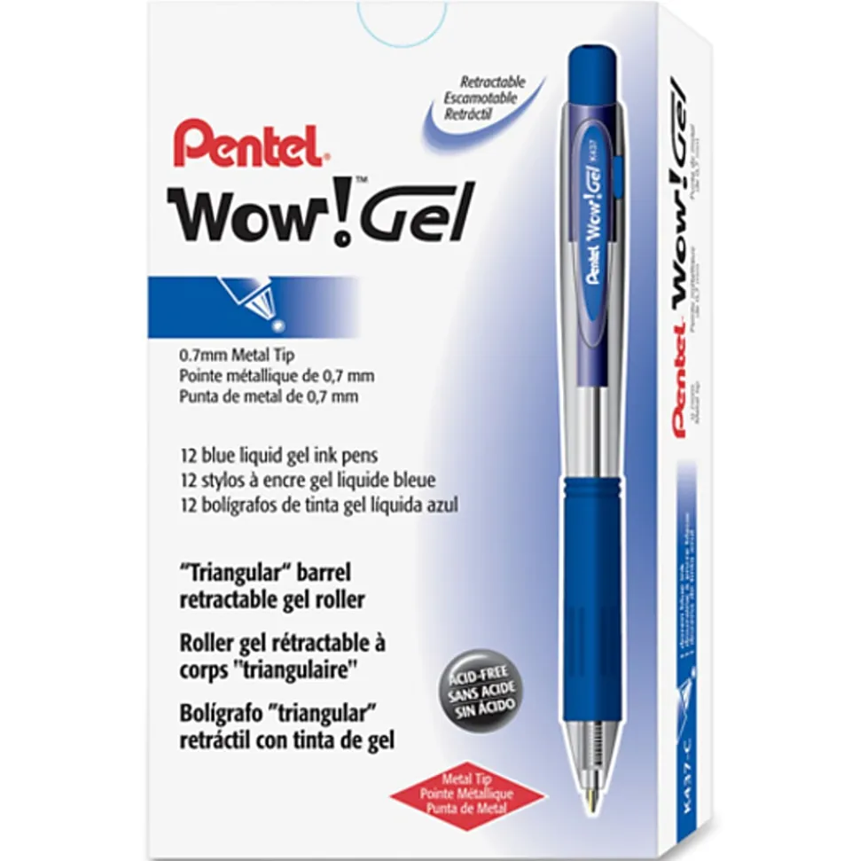 Pentel® Wow!™ Retractable Gel Roller Pens, Medium Point, 0.7 mm, Clear Barrel, Blue Ink, Pack Of 12