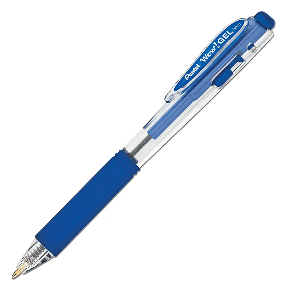 Pentel® Wow!™ Retractable Gel Roller Pens, Medium Point, 0.7 mm, Clear Barrel, Blue Ink, Pack Of 12