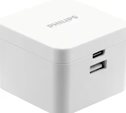 Philips GaN Dual-Port USB Wall Charger With Power Delivery, 6', White