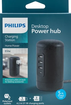 Philips 3 USB-A/1 USB-C/2-Outlet Desktop Charging Station, 5', Black